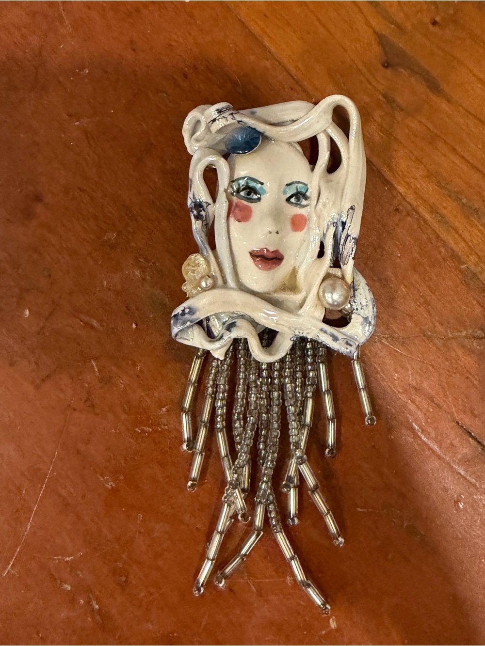 Vtg 1990 Signed Artisan Ceramic Face Brooch Beaded Fringe Art Deco Flapper Pin
